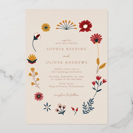 Elegant Boho Floral Wedding Roos Gold Folie Uitnodiging (Voorkant)