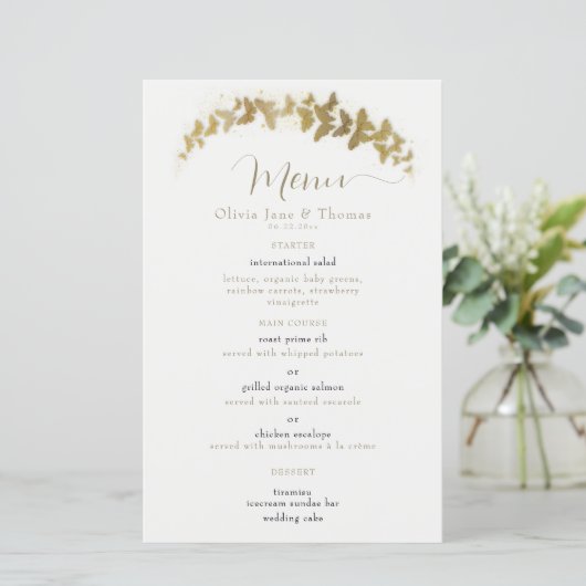 Elegant Boho Gold Butterflies Classy Wedding Menu (Staand voorkant)