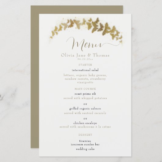 Elegant Boho Gold Butterflies Classy Wedding Menu (Voorkant / Achterkant)