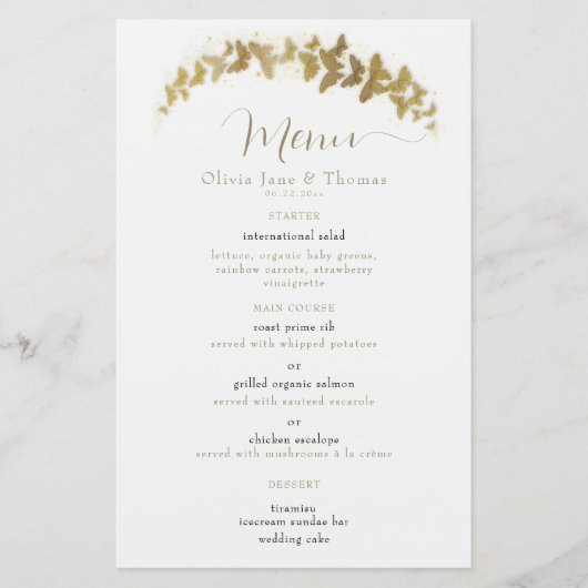 Elegant Boho Gold Butterflies Classy Wedding Menu (Voorkant)