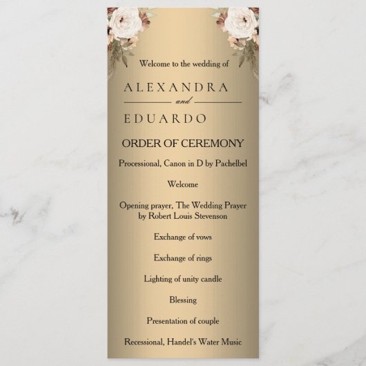 Elegant Boho Golden Floral bruiloft programma Programmakaart (Voorkant)