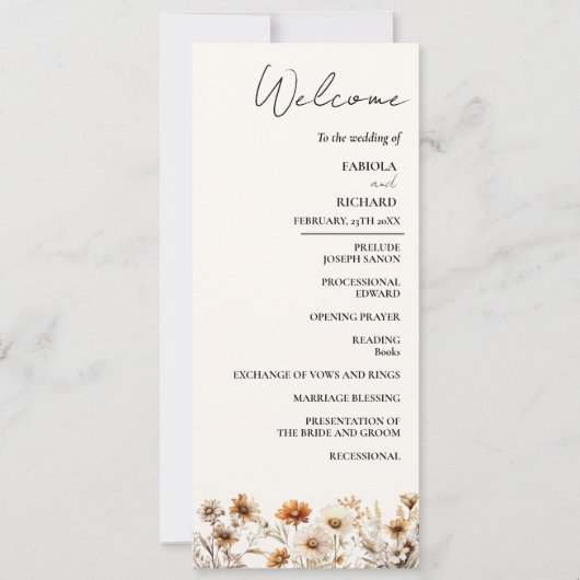 Elegant Boho Green Wildflower huwelijksprogramma K Kaart (Voorkant)