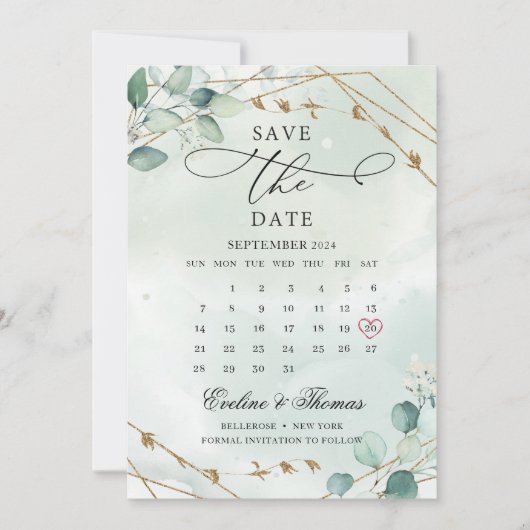 Elegant Boho Greenery Foliage Gold Geometric Save The Date (Voorkant)