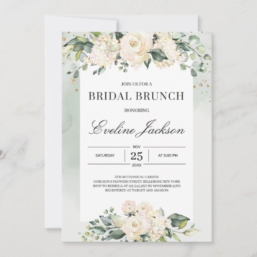Elegant boho greenery white roses bridal brunch kaart (Voorkant)