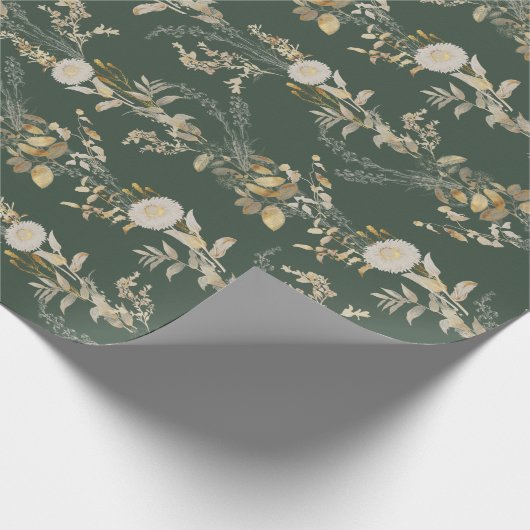 Elegant Boho Groen Goud Bloemen Cadeaupapier (Hoek)
