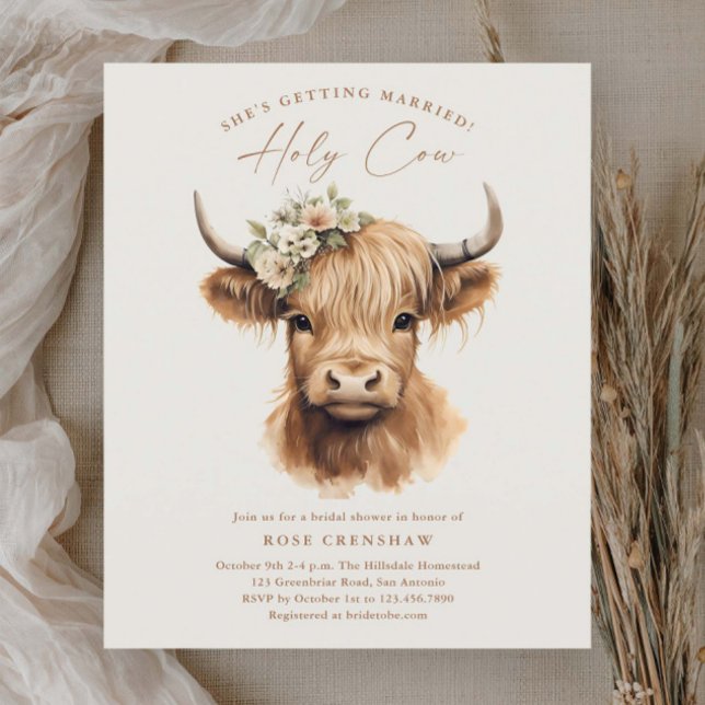 Elegant Boho Highland Koe Vrijgezellenfeest (Elegant boho highland cow budget bridal shower invitations.)