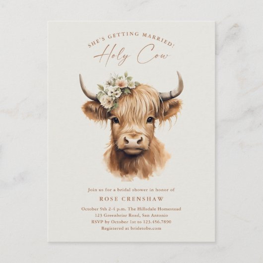 Elegant Boho Highland Koe Vrijgezellenfeest Briefkaart (Voorkant)