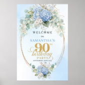Elegant Boho Hydrangeas Gold 90th Birthday Welcome Poster (Voorkant)