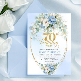 Elegant Boho Light Blue Flowers Gold 70th Birthday Kaart