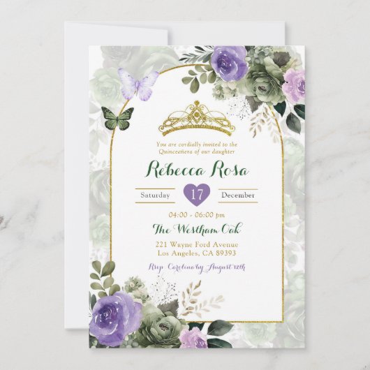 Elegant Boho Lila Paarse Salie Groen Quinceañera Kaart (Voorkant)