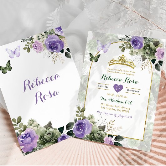Elegant Boho Lila Paarse Salie Groen Quinceañera Kaart