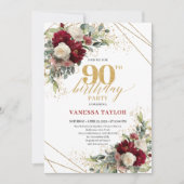 Elegant Boho Maroon White Roses Gold 90th Birthday Kaart (Voorkant)