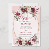 Elegant Boho Marsala Blush Gold Floral Save Date Kaart (Voorkant)