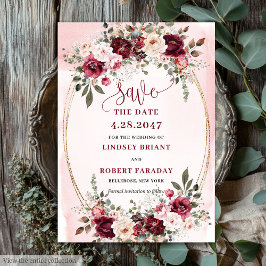 Elegant Boho Marsala Blush Gold Floral Save Date Kaart