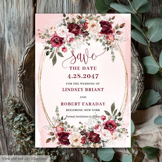 Elegant Boho Marsala Blush Gold Floral Save Date Kaart
