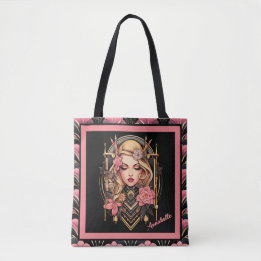 Elegant Boho meisje zwart en roze Tote Bag