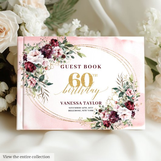 Elegant Boho Merlot Gold Roses 60th Birthday Chic Gastenboek