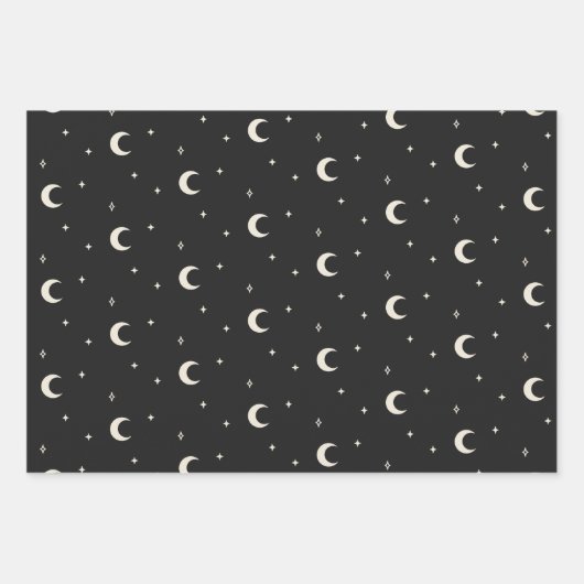 Elegant Boho Mystical Moon Stars Black en White Inpakpapier Vel (Voorkant)