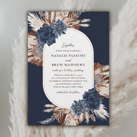 Elegant Boho Navy and Brown Florals Oval Wedding Kaart