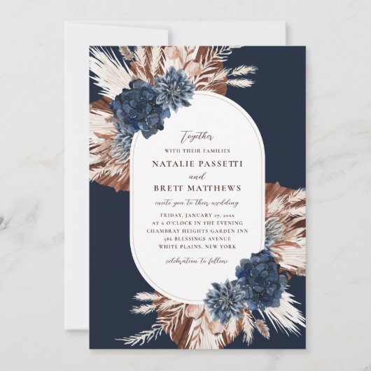 Elegant Boho Navy and Brown Florals Oval Wedding Kaart (Voorkant)