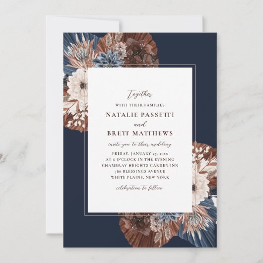 Elegant Boho Navy and Brown Florals Wedding Kaart (Voorkant)