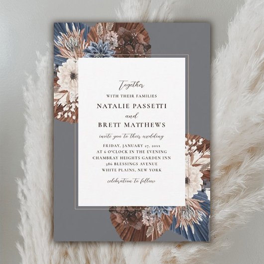 Elegant Boho Navy and Brown Florals Wedding Kaart