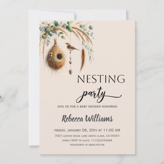 Elegant Boho Nesting Party Bird Baby Shower Kaart (Voorkant)