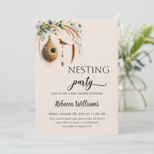 Elegant Boho Nesting Party Bird Baby Shower Kaart (Staand voorkant)