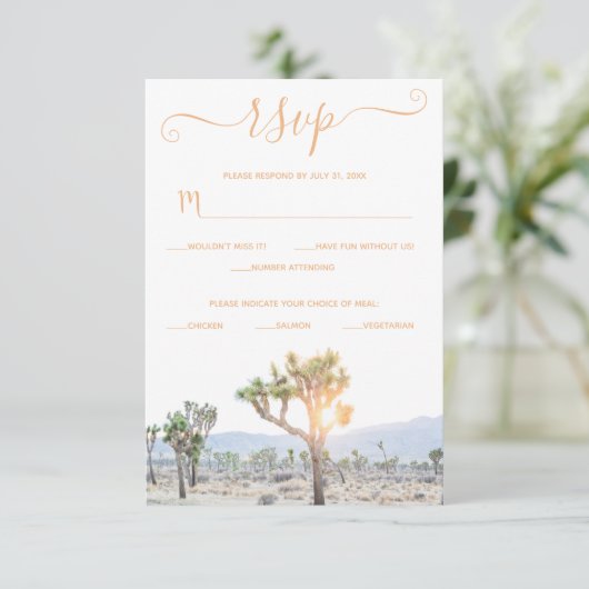 Elegant Boho Oranje Custom Joshua Tree Wedding RSVP Kaartje (Staand voorkant)
