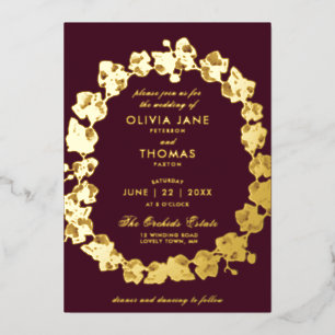 Elegant Boho Orchid Floral Wreath Burgundy Wedding Folie Uitnodiging