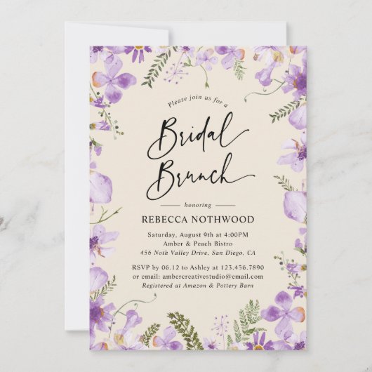 Elegant Boho Paarse Bridal Brunch Uitnodiging (Voorkant)