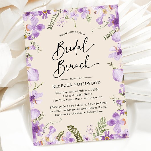 Elegant Boho Paarse Bridal Brunch Uitnodiging