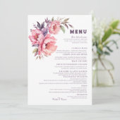 Elegant Boho Paarse Pioen Bruiloft Menu (Staand voorkant)