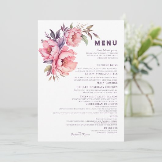 Elegant Boho Paarse Pioen Bruiloft Menu (Staand voorkant)