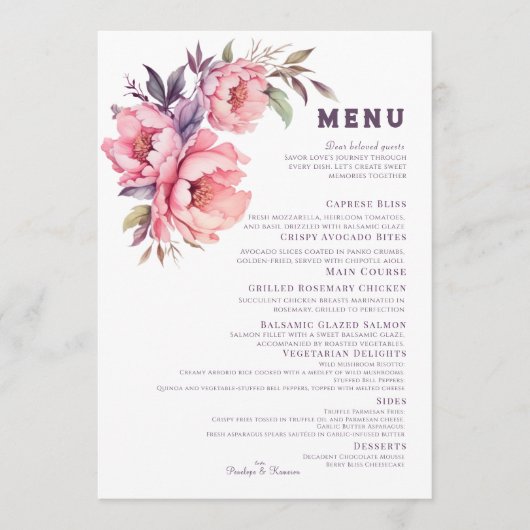 Elegant Boho Paarse Pioen Bruiloft Menu (Voorkant)
