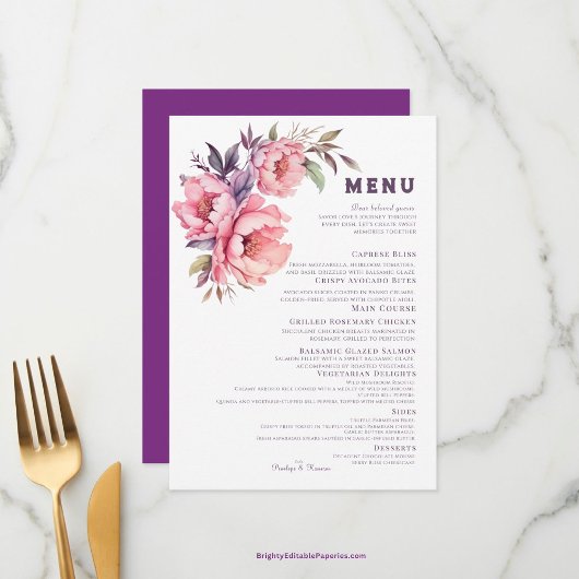 Elegant Boho Paarse Pioen Bruiloft Menu