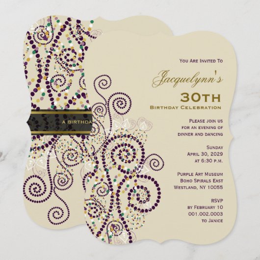 Elegant Boho Paarse Spirals Birthday Party Invite Kaart (Voorkant / Achterkant)
