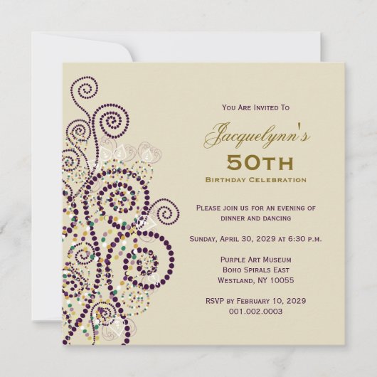 Elegant Boho Paarse Spirals Birthday Party Invite Kaart (Voorkant)