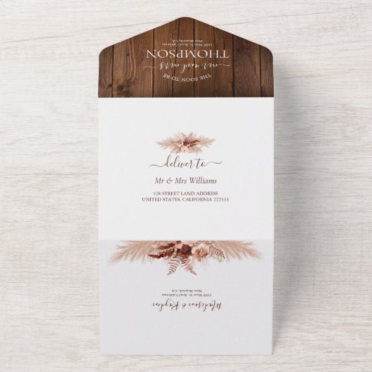 Elegant Boho Pampas Grass met Rustic Wood Weddensc All In One Uitnodiging (Buitenkant)