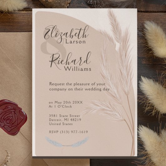 Elegant Boho Pampas Grass Modern Wedding Kaart