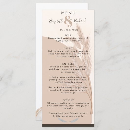 Elegant Boho Pampas Grass Modern Wedding Menu (Voorkant / Achterkant)