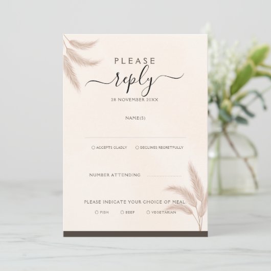 Elegant Boho Pampas Grass Modern Wedding RSVP Kaart (Staand voorkant)