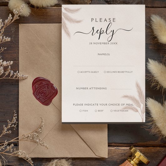 Elegant Boho Pampas Grass Modern Wedding RSVP Kaart