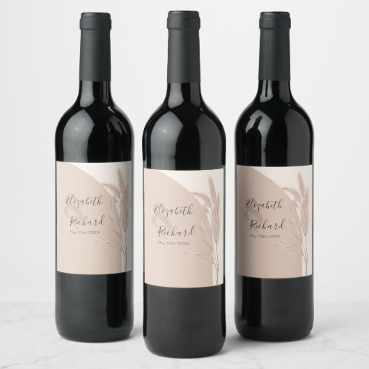Elegant Boho Pampas Grass Modern Wedding Wijn Etiket (Flessen)