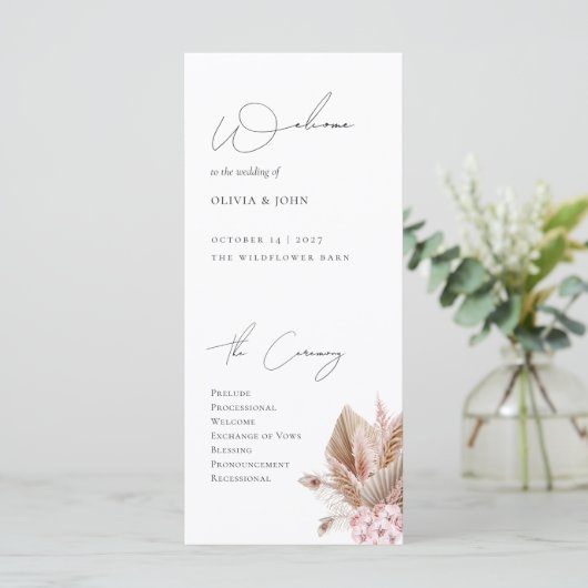 Elegant Boho Pampas Grass Wedding Program (Staand voorkant)