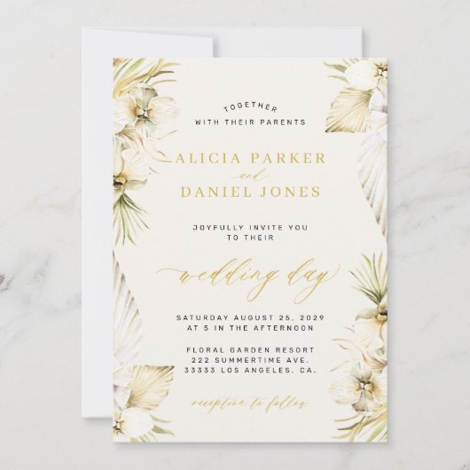 Elegant boho pampas tropical floral bruiloft kaart (Voorkant)