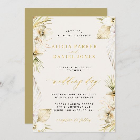 Elegant boho pampas tropical floral bruiloft kaart (Voorkant / Achterkant)