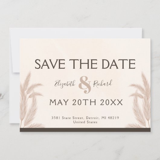 Elegant Boho Pampas Wedding Save the Date Kaart (Voorkant)