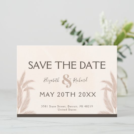 Elegant Boho Pampas Wedding Save the Date Kaart (Staand voorkant)