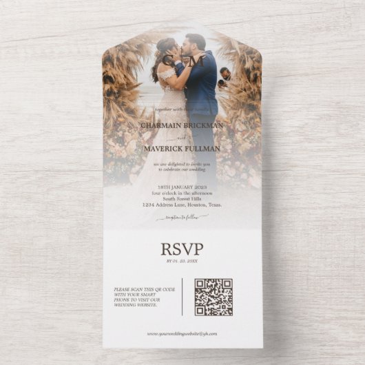 Elegant Boho Photo Couple | Terracotta Wedding All In One Uitnodiging (Binnen)